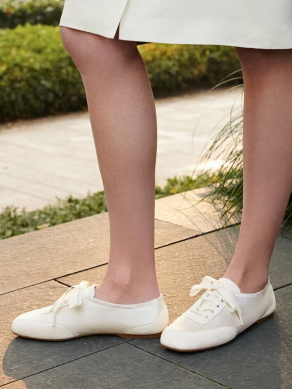 Vivaia Cristina Square-Toe Lace-Up Satin Sneakerina in Light Gold Size 8.5